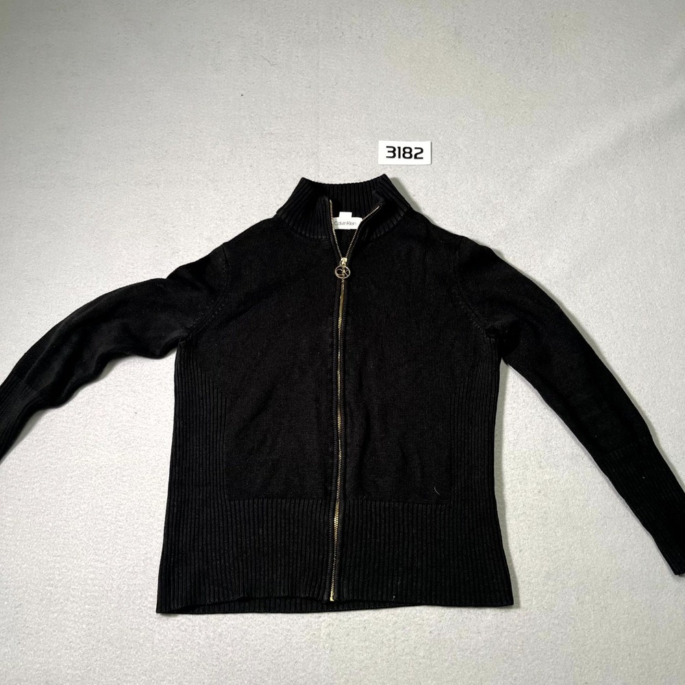 Calvin Klein Cardigan Sweater Women M Petite Black Tight Knit Mock Neck Full Zip